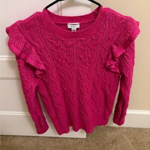 crown & ivy Bright Pink Cable Knit Ruffle Shoulder Sweater